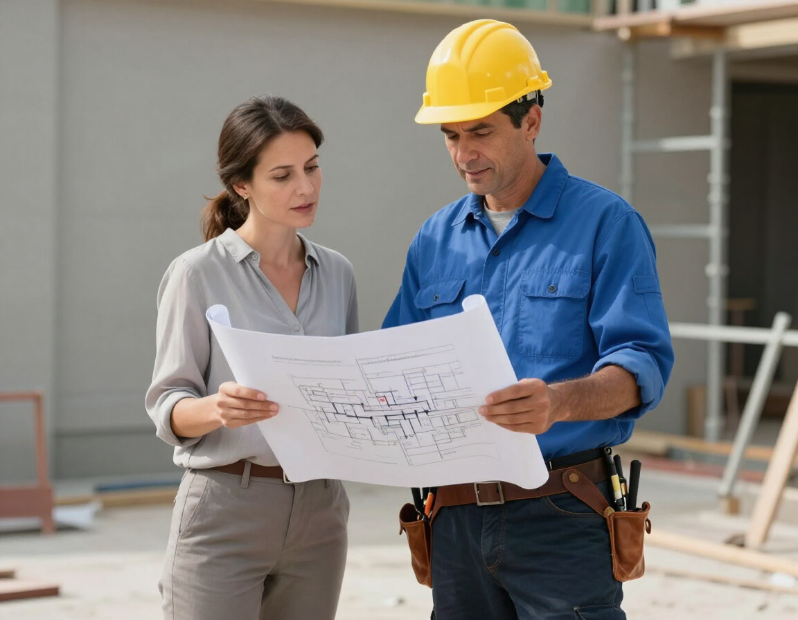 Electrician discussing project details with a customer at a job site.