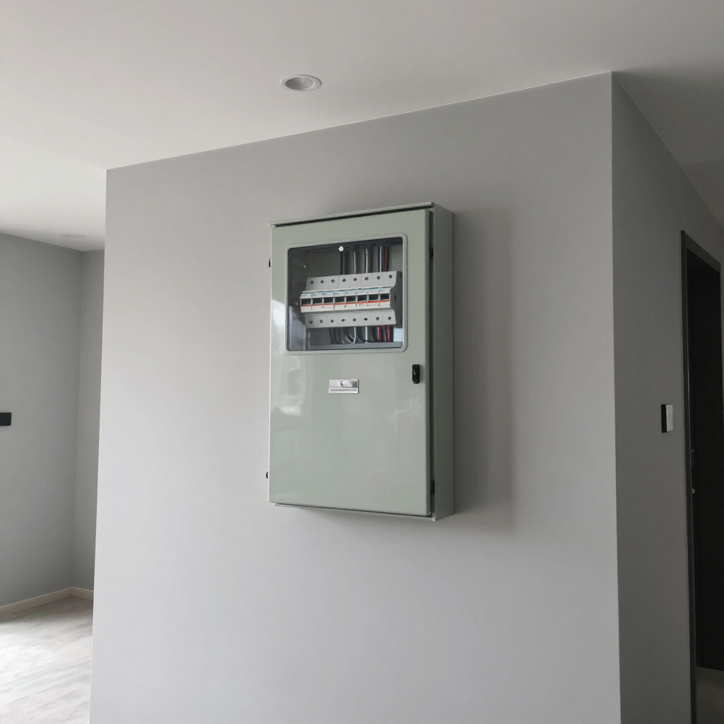 Wall-mounted electrical breaker panel on a light gray wall in an empty room