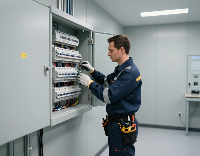 Commercial electrician working inside a clean office electrical room.