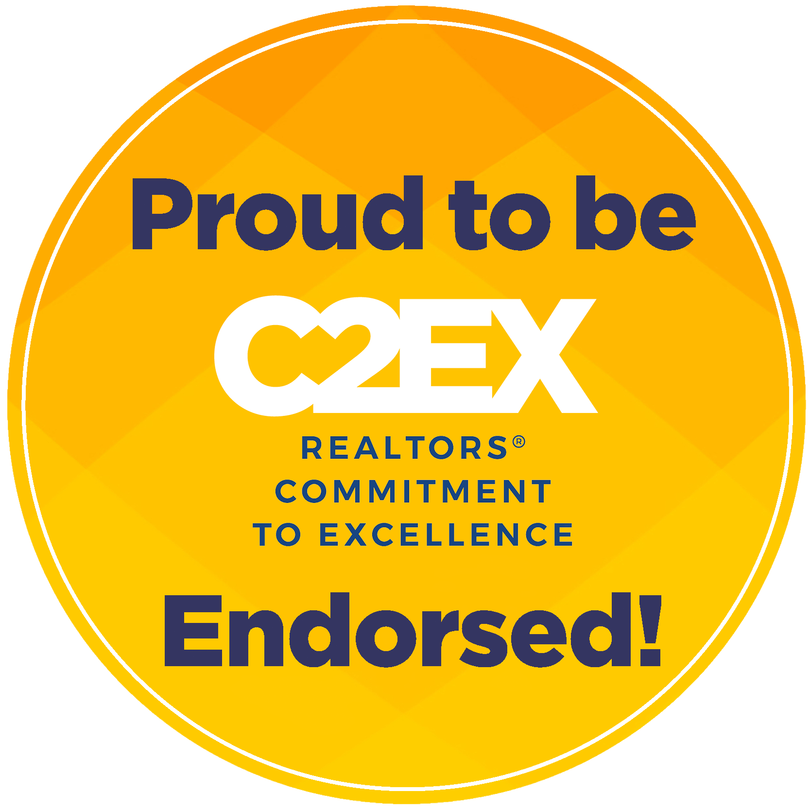 Yellow circular REOEX badge reading “Proud to be Endorsed! REALTORS Commitment to Excellence”