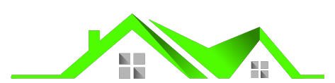 A green house with a roof and two windows on a white background.