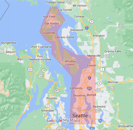 Map highlighting areas north of Seattle, including Whidbey Island and Everett, Washington.