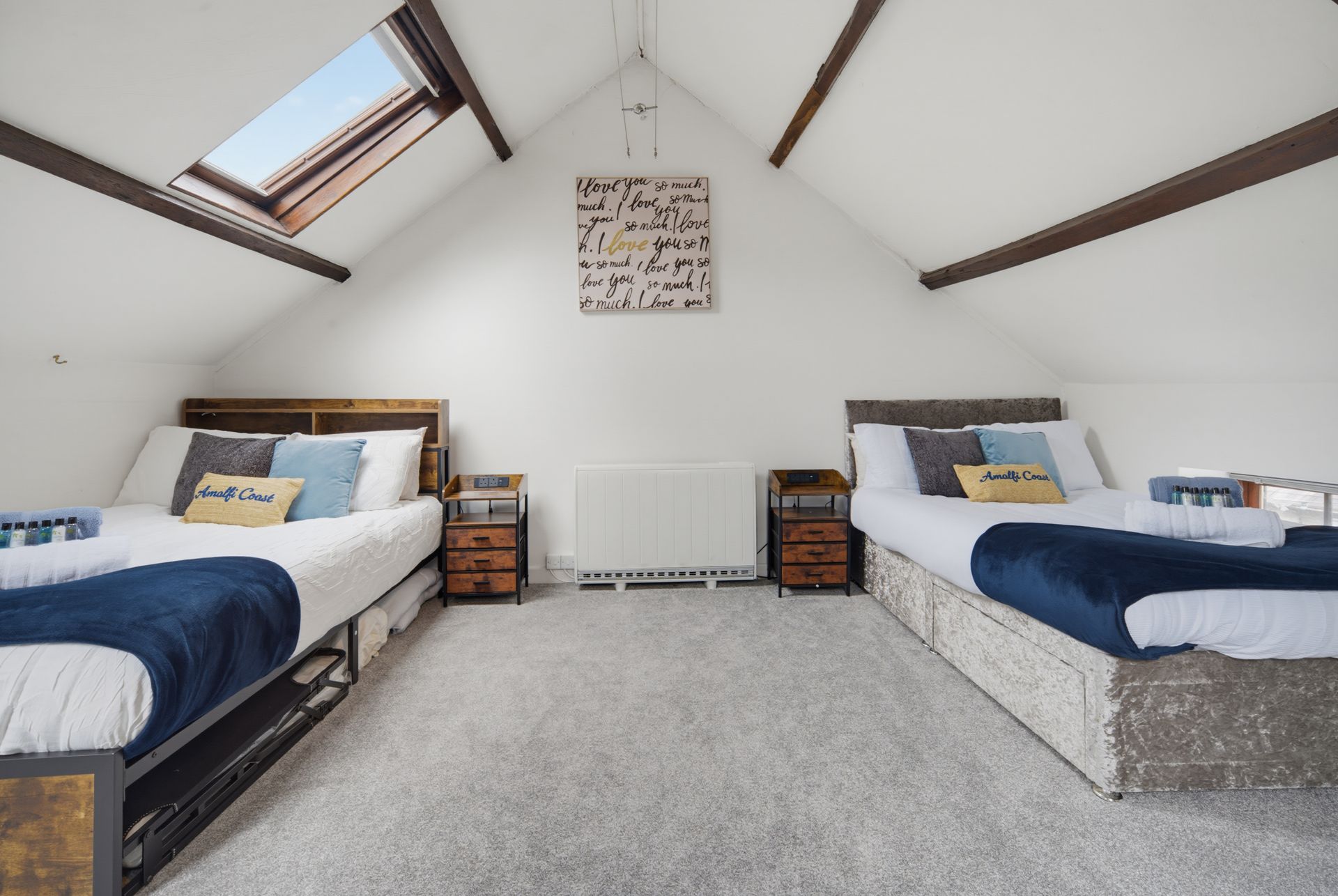 Attic bedroom with two twin beds, skylights, white walls, and gray carpet
