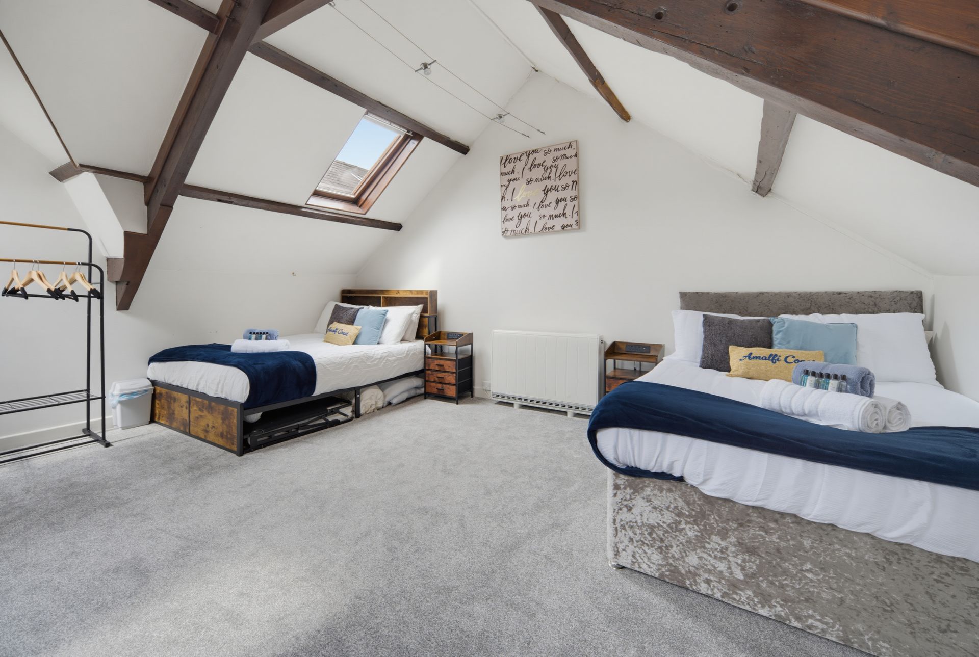Spacious attic bedroom with two single beds, gray carpet, and skylights on a sloped white ceiling