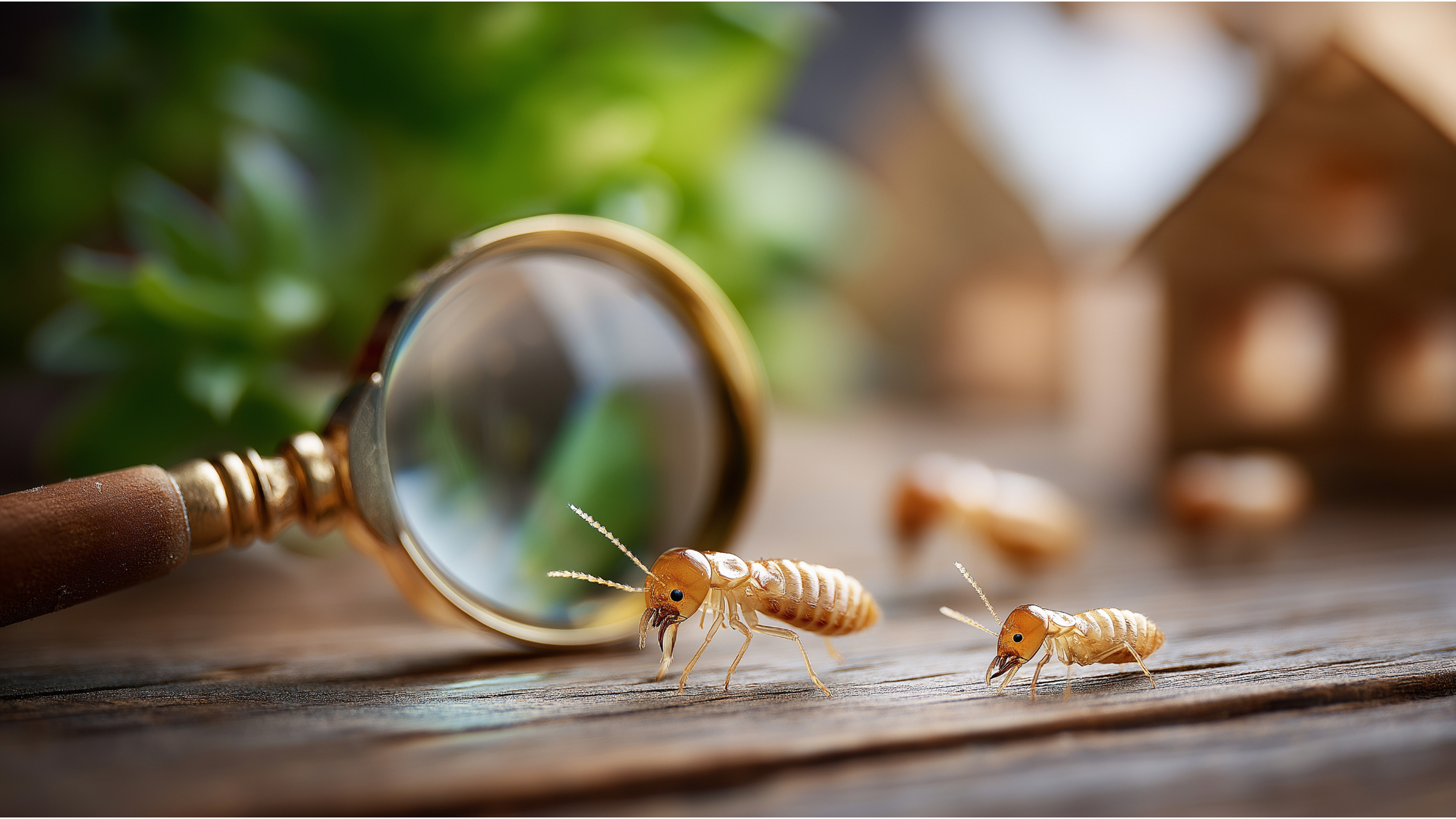 Termites on wood, magnified by a glass; miniature house in background, green plant.