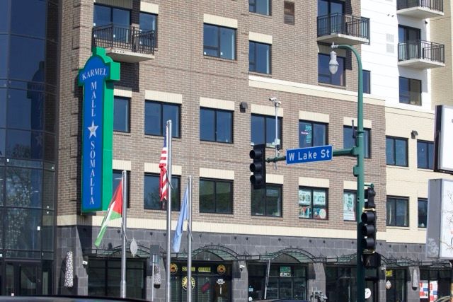 Building with a blue sign
