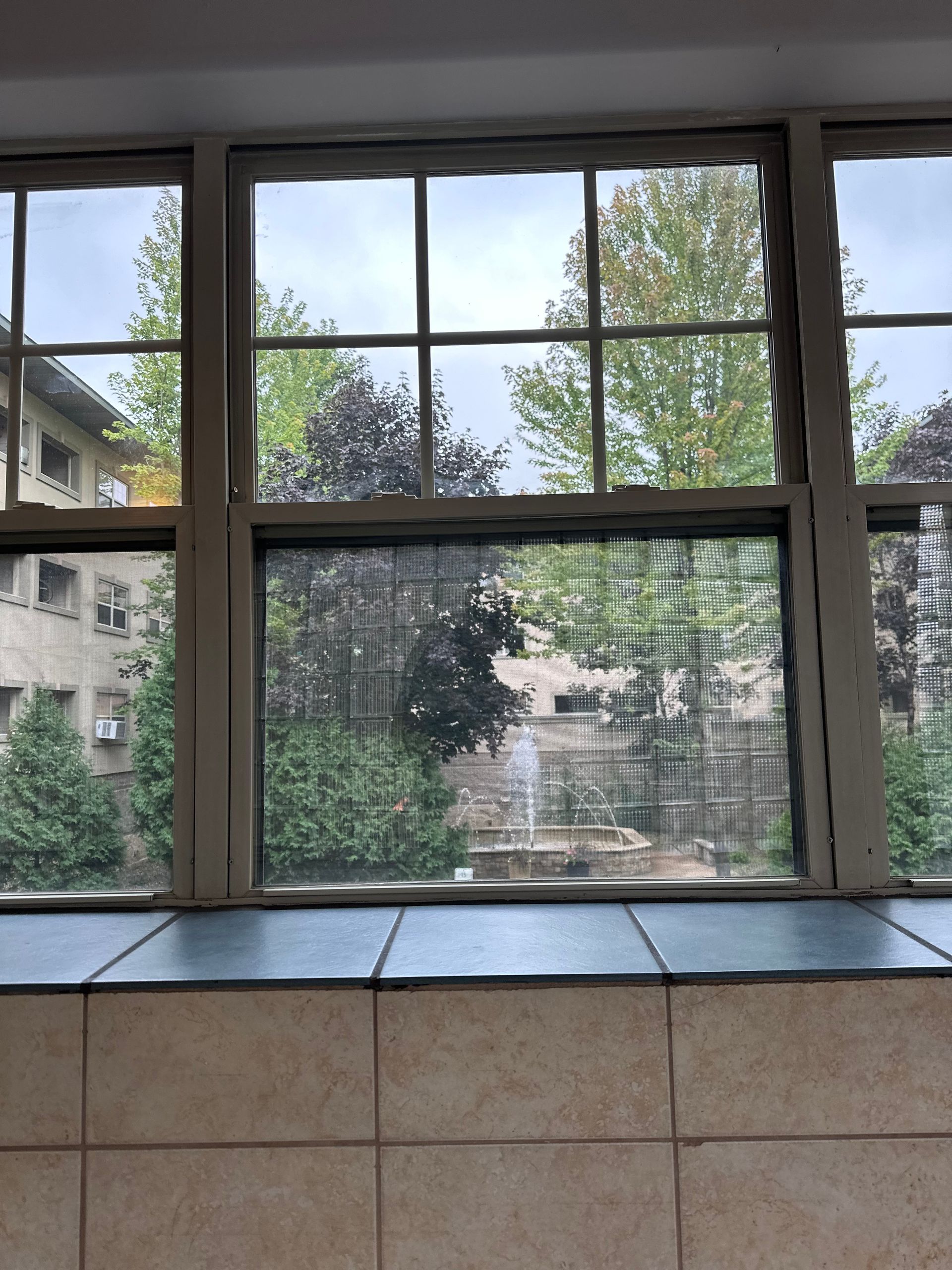 View through a multi-pane window of a courtyard with a fountain, surrounded by trees and an apartment building.