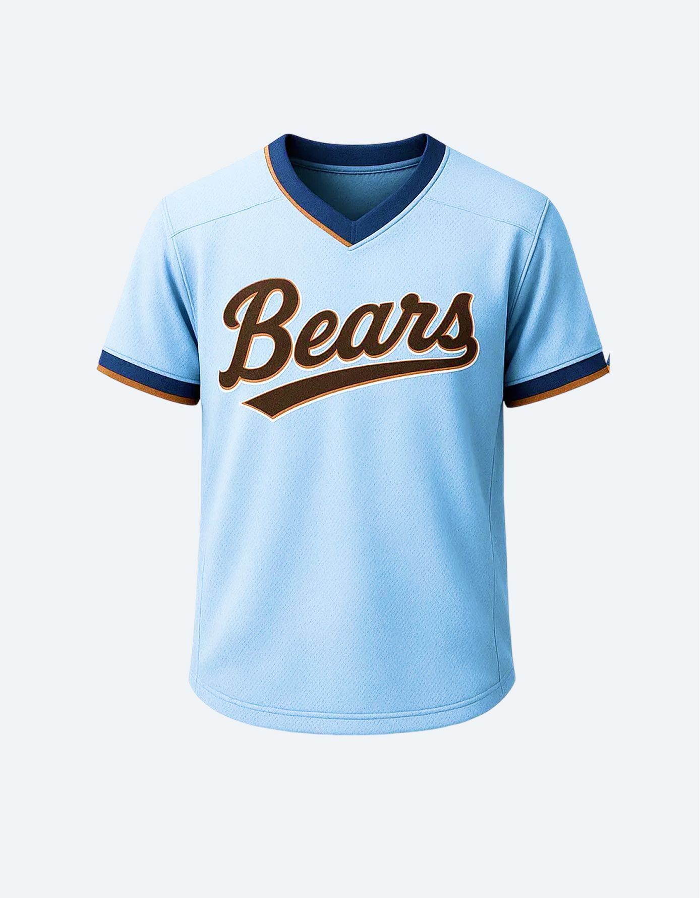 Camisola de basebol azul-clara com detalhes castanhos e a palavra “Bears” na frente