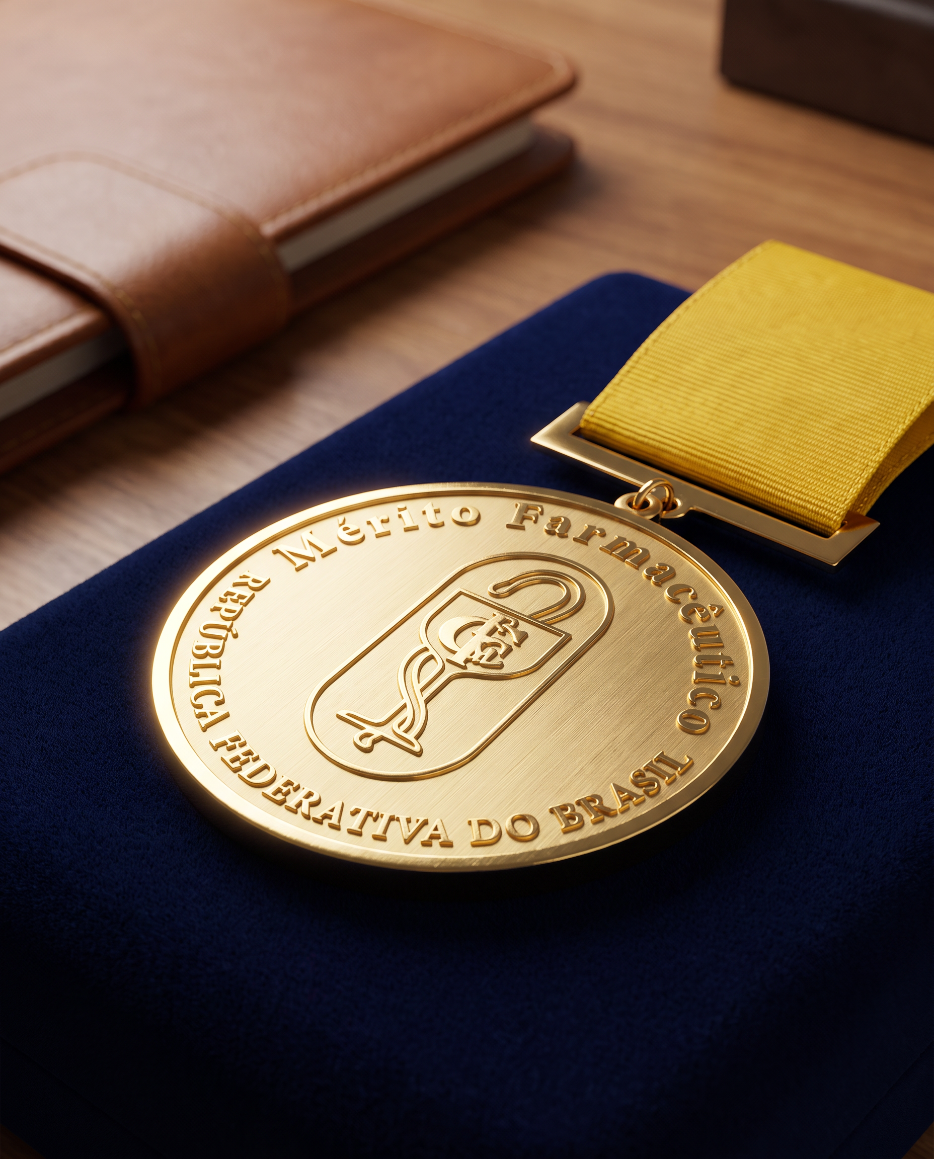 Medalha de ouro com fita amarela sobre uma caixa azul-escura em uma escrivaninha de madeira.