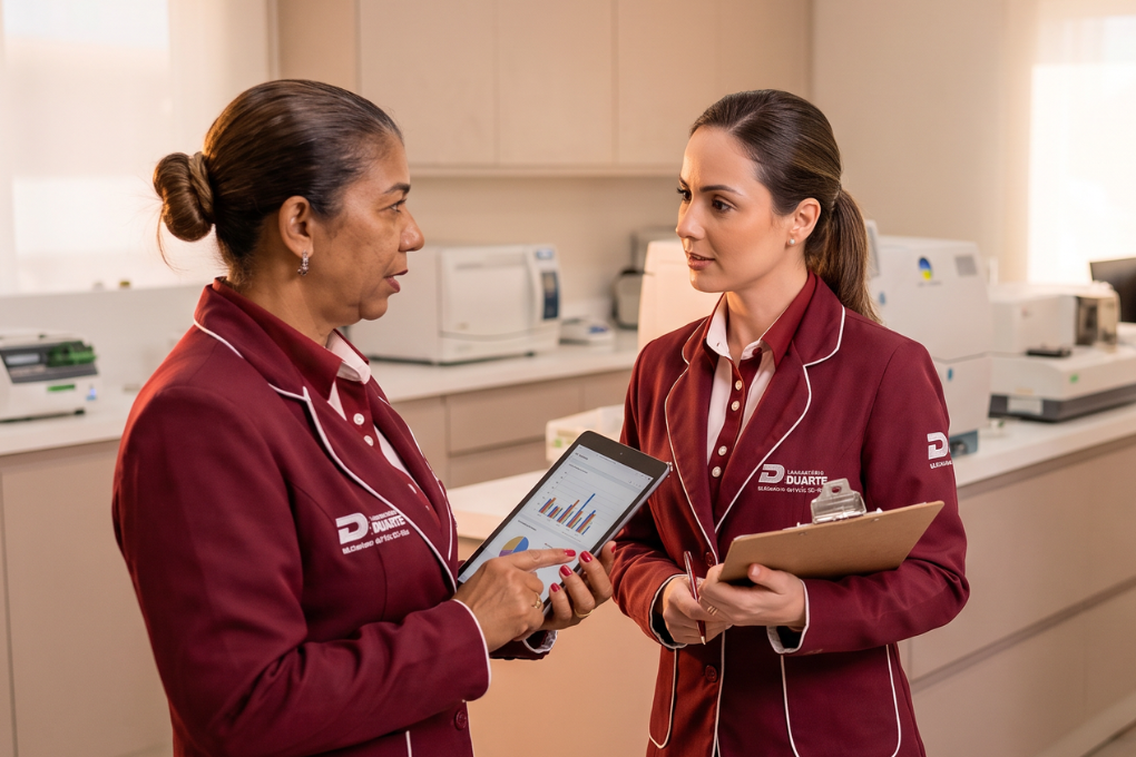 Dois profissionais de saúde com uniformes cirúrgicos bordô conversando sobre um tablet em um laboratório clínico