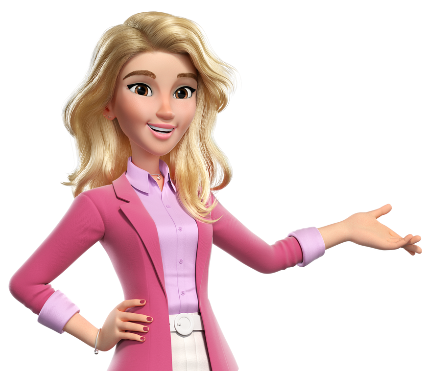 Mulher loira sorridente, usando um blazer rosa e gesticulando com uma das mãos diante de um fundo branco