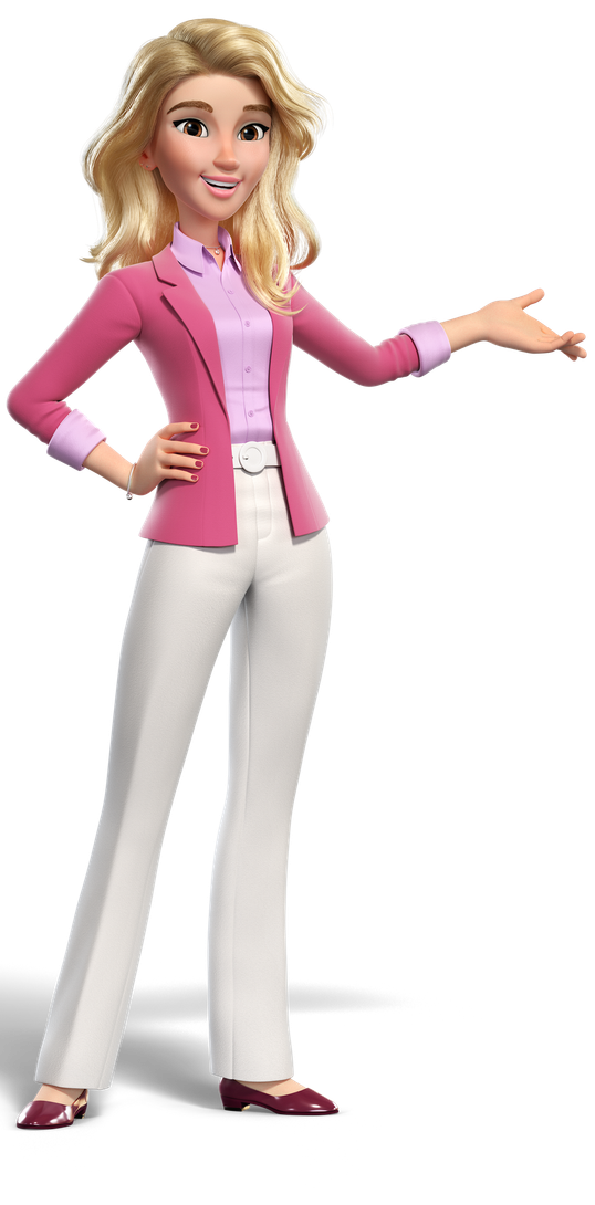 Mulher loira de desenho animado, com blazer rosa e calças brancas, sorrindo e gesticulando com uma das mãos.