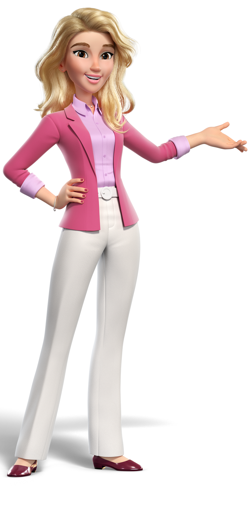 Mulher loira de desenho animado, com blazer rosa e calças brancas, sorrindo e gesticulando com uma das mãos.