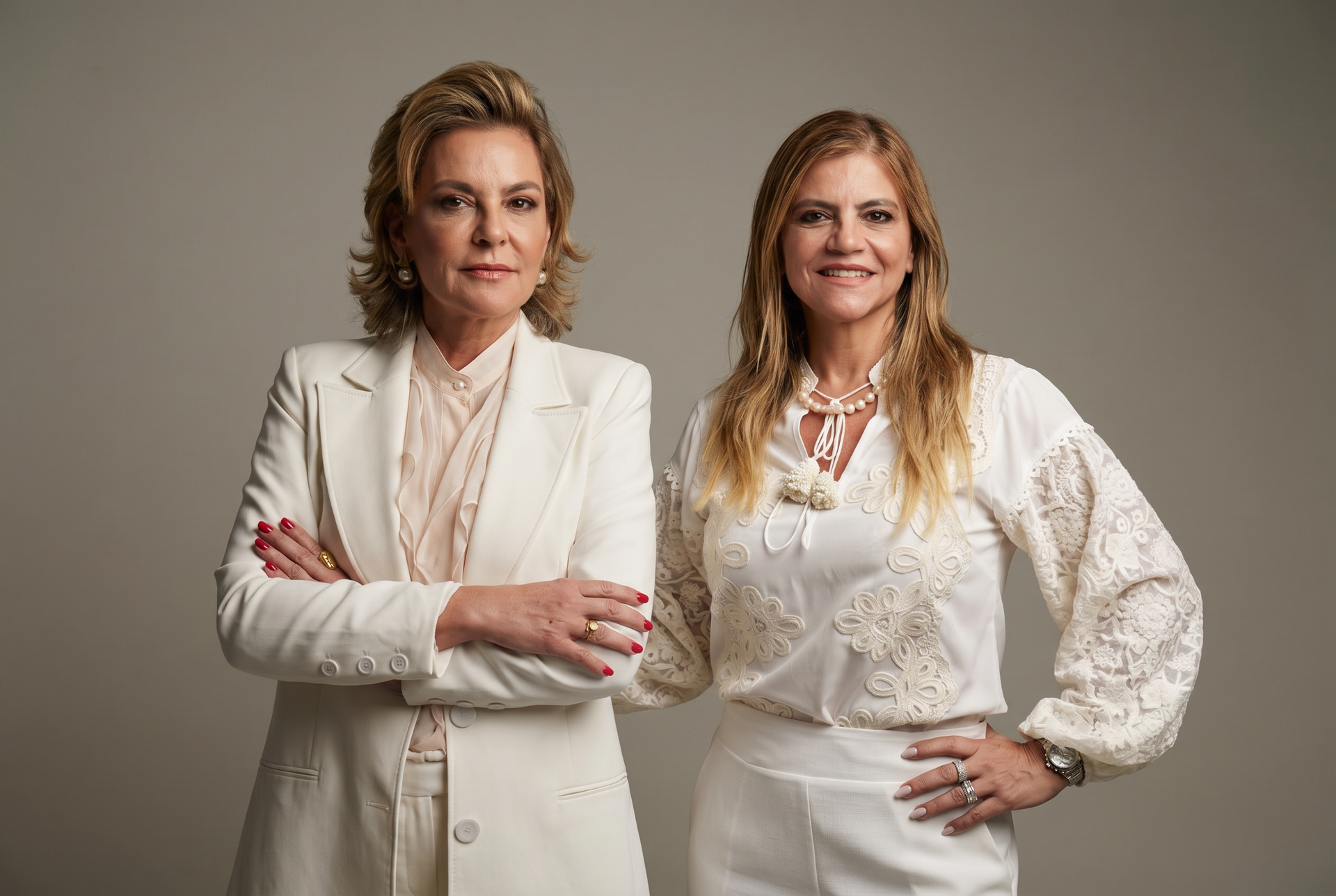 Duas mulheres vestidas com roupas sociais brancas posando diante de um fundo neutro de estúdio