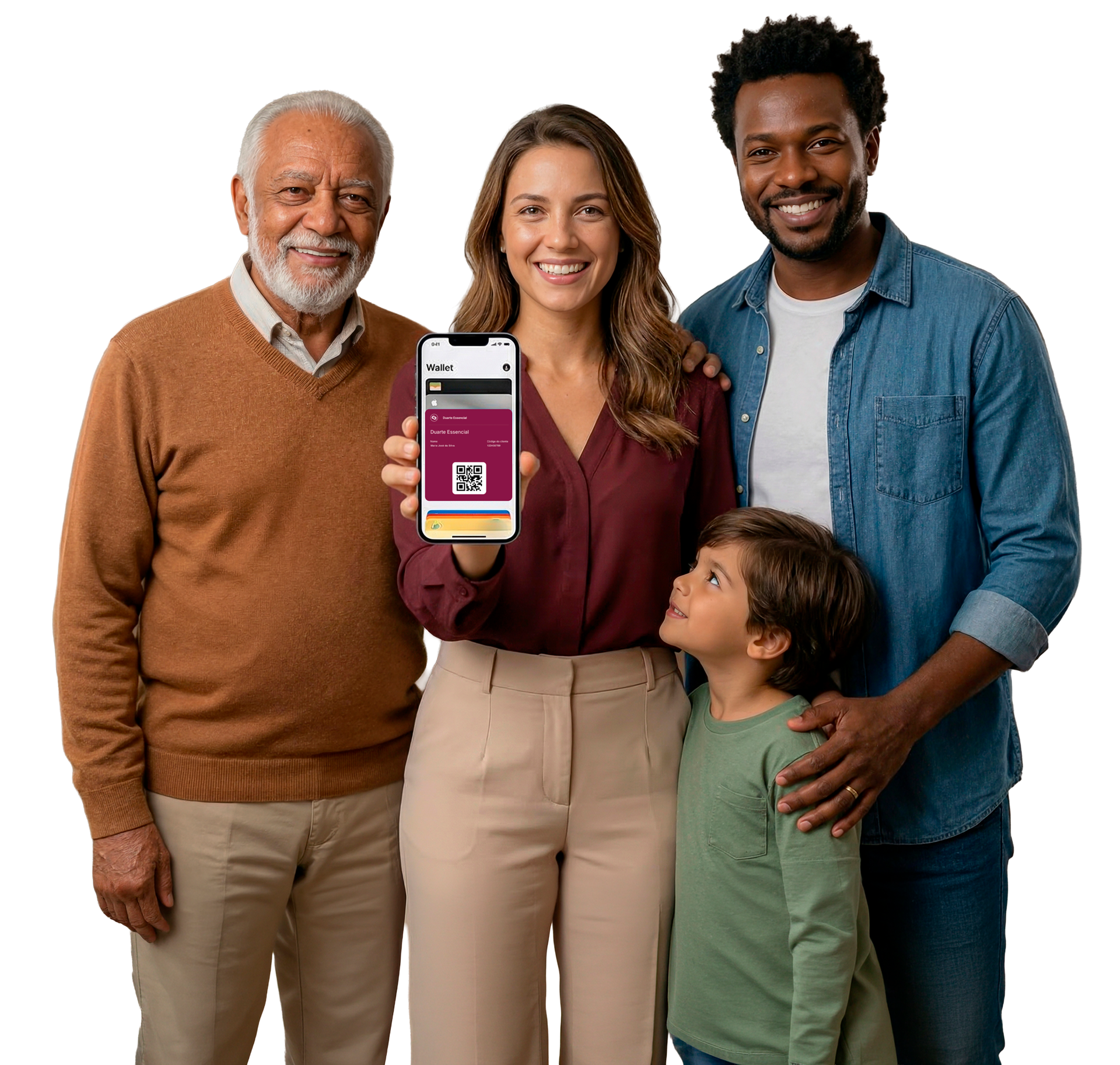 Quatro pessoas posam juntas enquanto seguram um smartphone com a tela de um aplicativo à mostra.