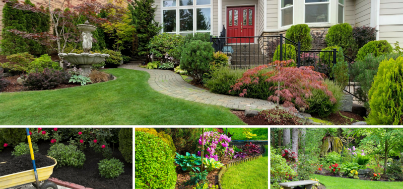 A collage shows a manicured front yard, a garden bed with fresh mulch, colorful shrubs, and a lush backyard landscape.