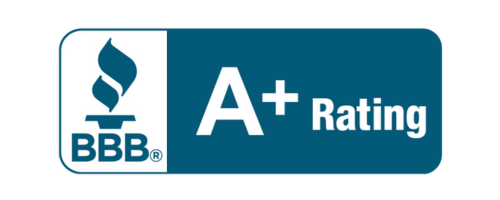 BBB A+ rating logo. Blue rectangle with white text 