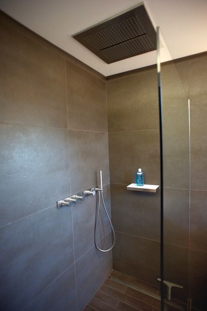 Une salle de bain avec une douche à l'italienne et une pomme de douche au plafond