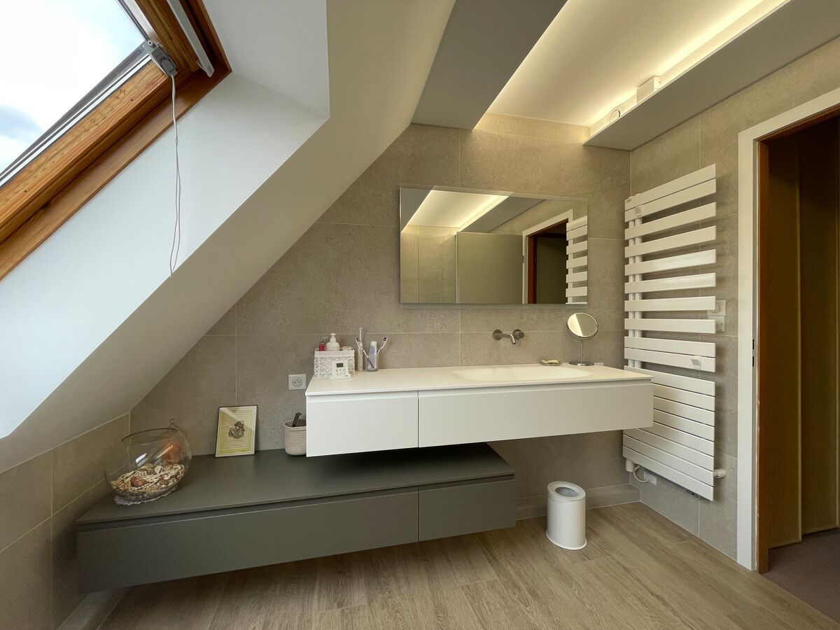 Une salle de bain avec un lavabo, un miroir et une lucarne