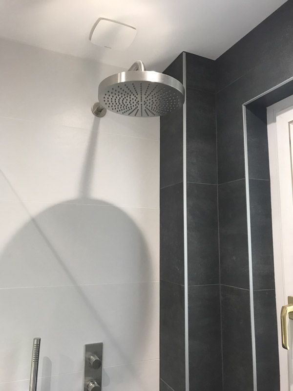 Une pomme de douche est suspendue au plafond dans une salle de bain