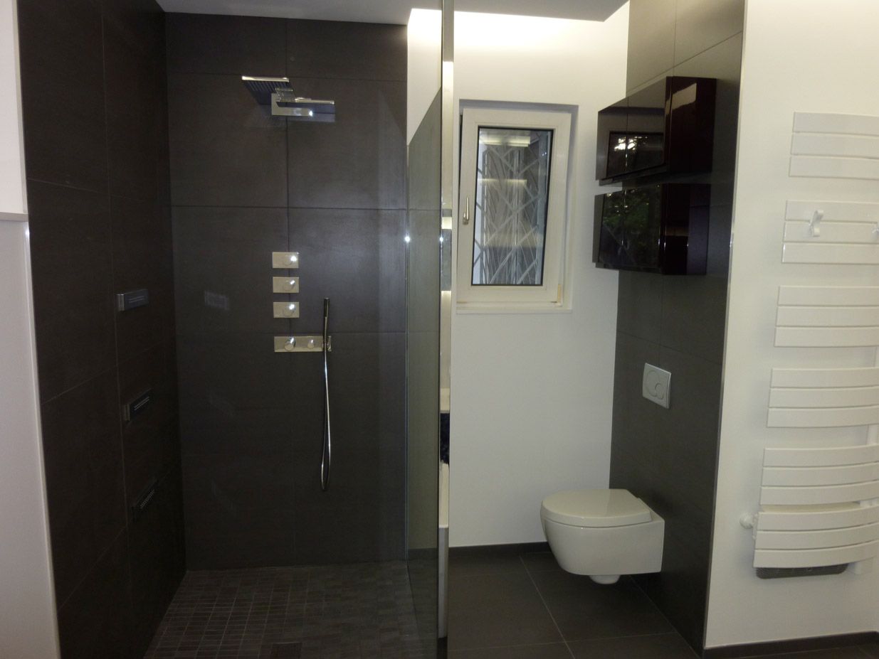 Une salle de bain avec douche à l'italienne et toilettes