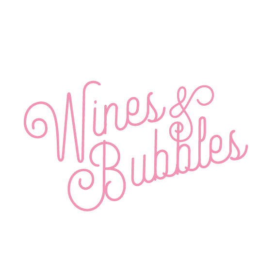 A pink logo for wines and bubbles on a white background