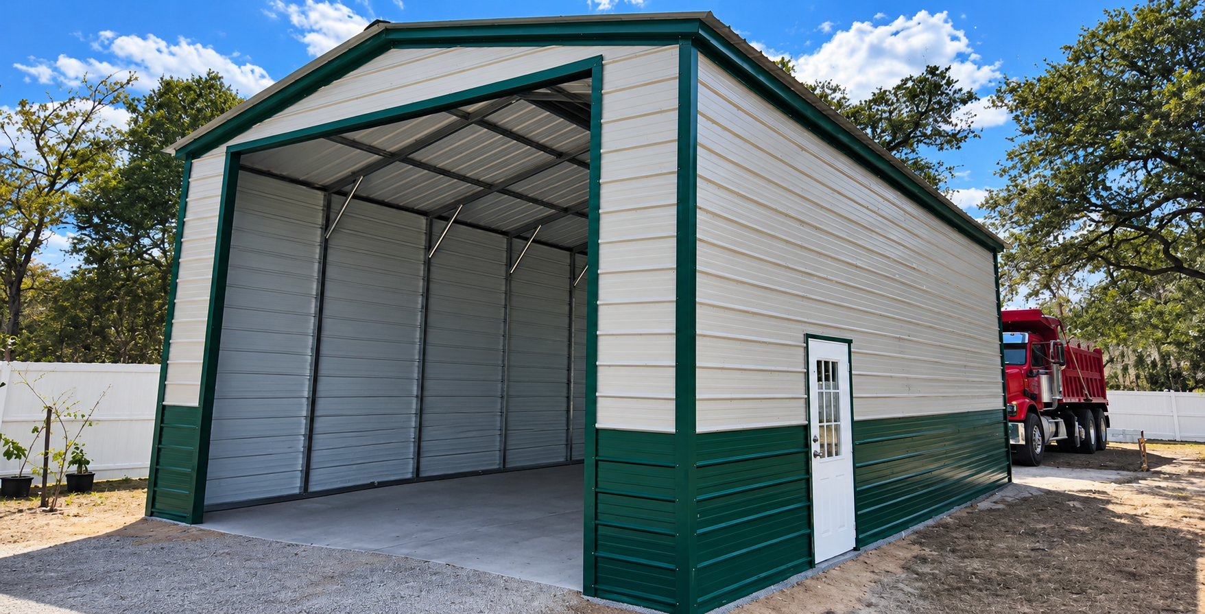 Open-sided metal storage shed with green trim and a white access door outdoors