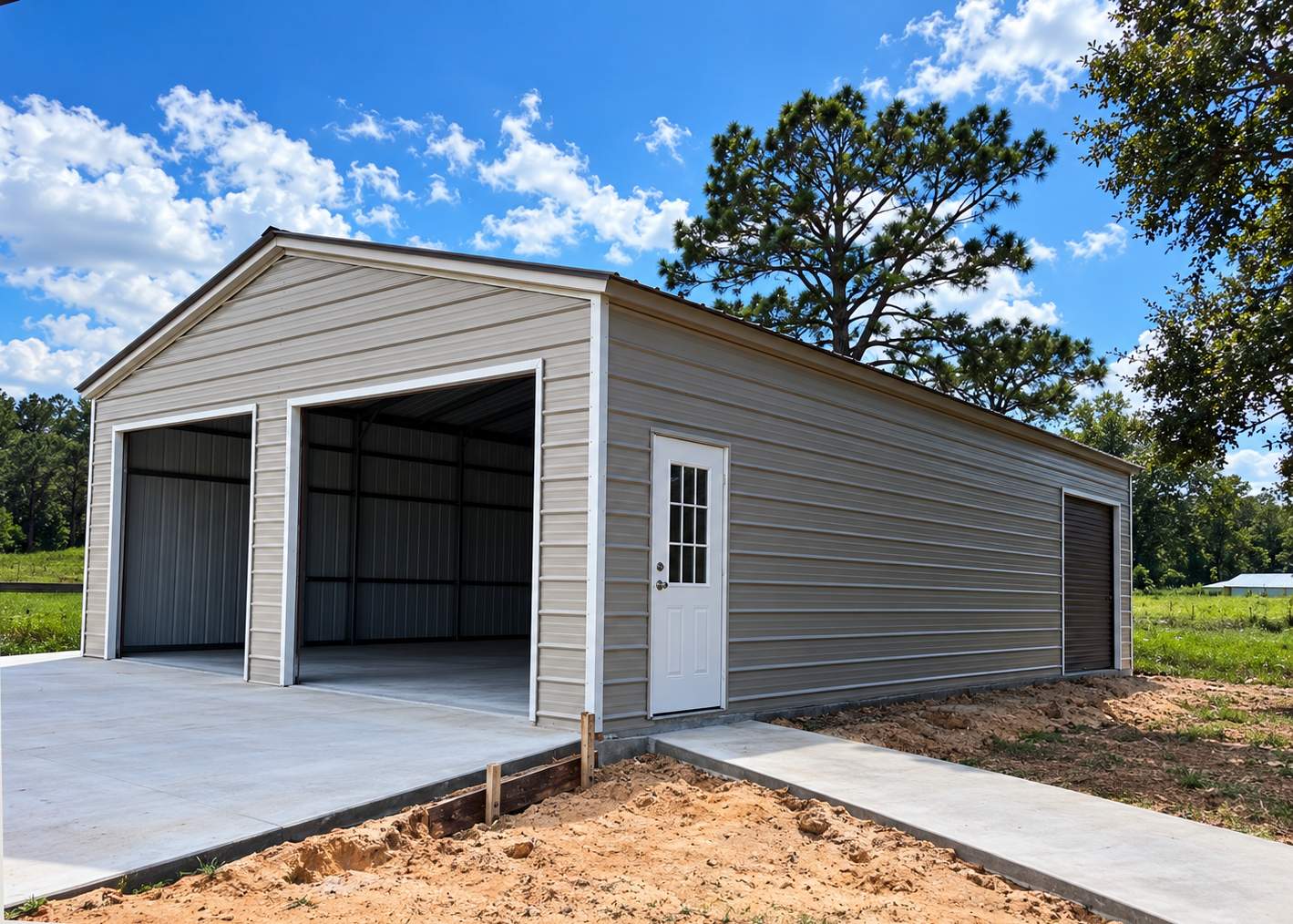 Detached gray metal garage with two open bays and a side door on a concrete driveway under a blue sky