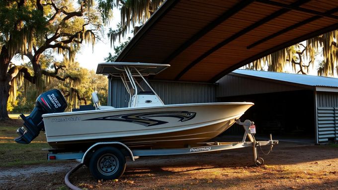 White motorboat on a trailer under a curved carport, with a small dog beside it and trees in the background