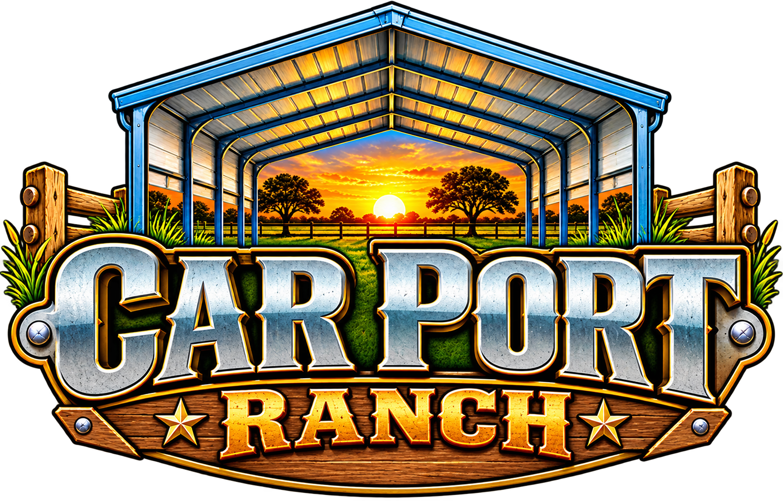 Car Port Ranch logo with metal barn, sunset sky, and rustic wood and steel lettering