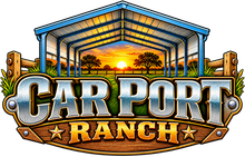 Car Port Ranch logo with metal barn, sunset sky, and rustic wood and steel lettering
