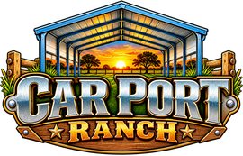 Car Port Ranch logo with metal barn, sunset sky, and rustic wood and steel lettering
