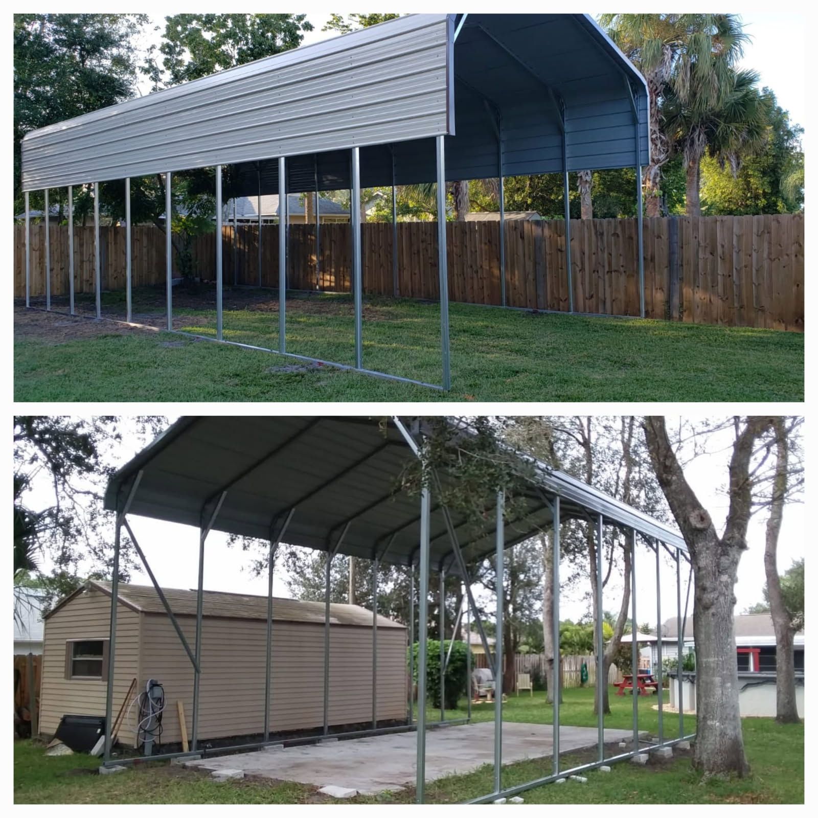 Two photos of a steel carport frame beside a backyard shed, with a gray corrugated roof and open sides