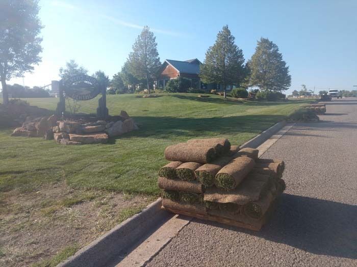 A pallet of rolled sod sits on the side of a road near a grassy park entrance with trees and a building in the background.
