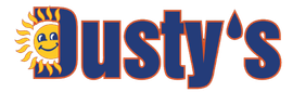 "Dusty's" logo in blue letters with a smiling, yellow sun replacing the letter "D" and a teardrop above the "y".