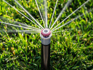 A lawn sprinkler sprays multiple streams of water onto green grass.
