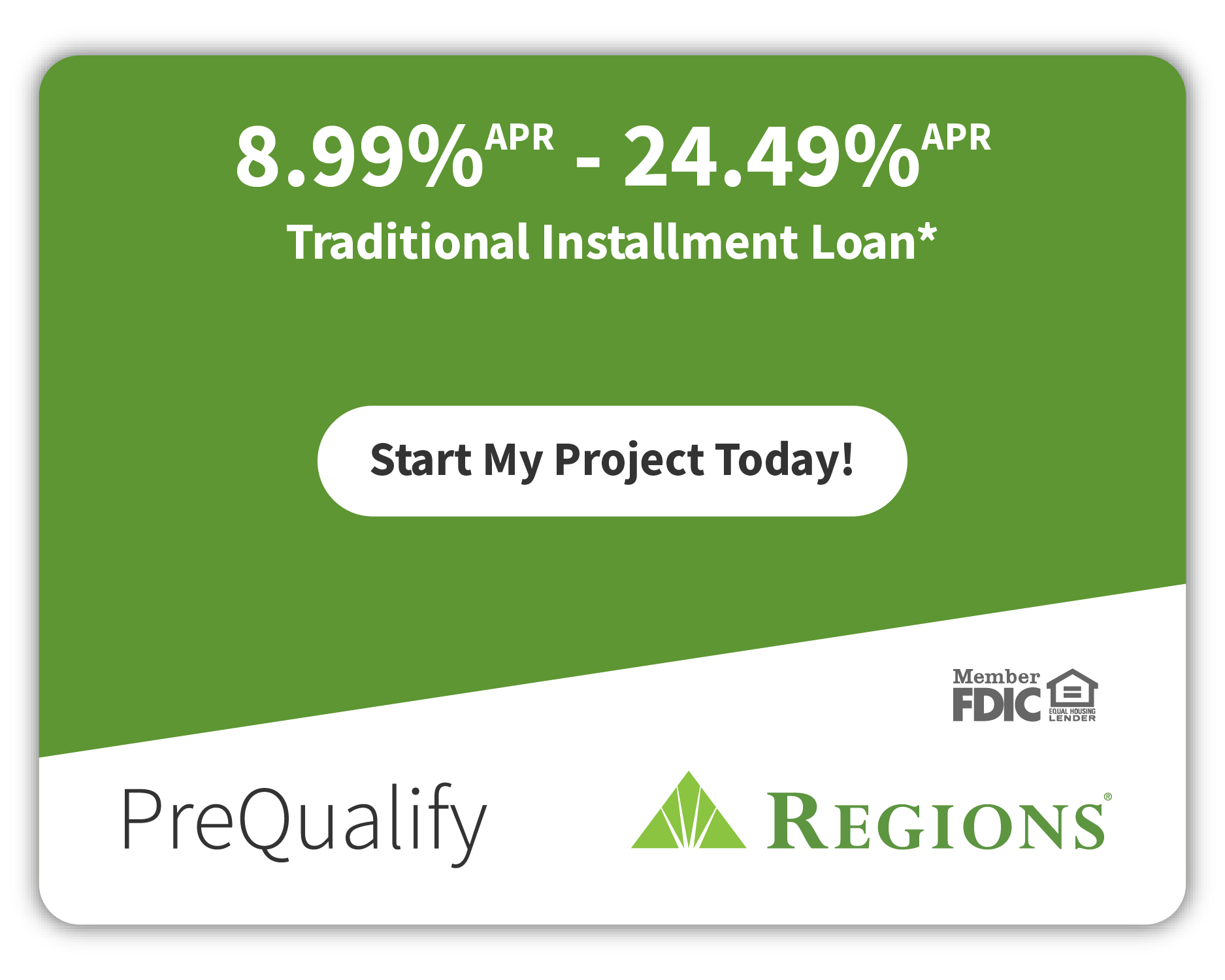 Regions Bank advertisement for an 8.99%–24.49% APR traditional installment loan with a PreQualify button.