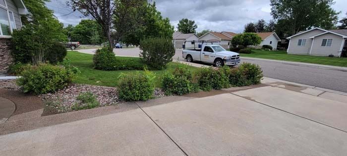 A residential front yard features small green shrubs along a concrete driveway, with a parked service truck nearby.