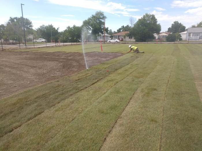 A person in a high-visibility vest installs rolls of green sod on a sunny day near a lawn sprinkler.