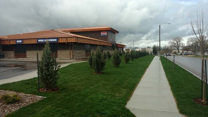 A commercial building with a brown roof and stone base sits next to a sidewalk lined with green lawn and small trees.
