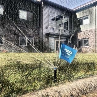 A sprinkler spraying water on a lawn in front of a building with a blue sign advertising services.
