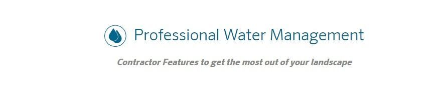 Professional Water Management logo featuring a blue water drop icon and the tagline: Contractor Features for your landscape.