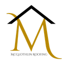 Yellow and white "M" logo with roofing tools, text reads "MCGLOTHLIN ROOFING".