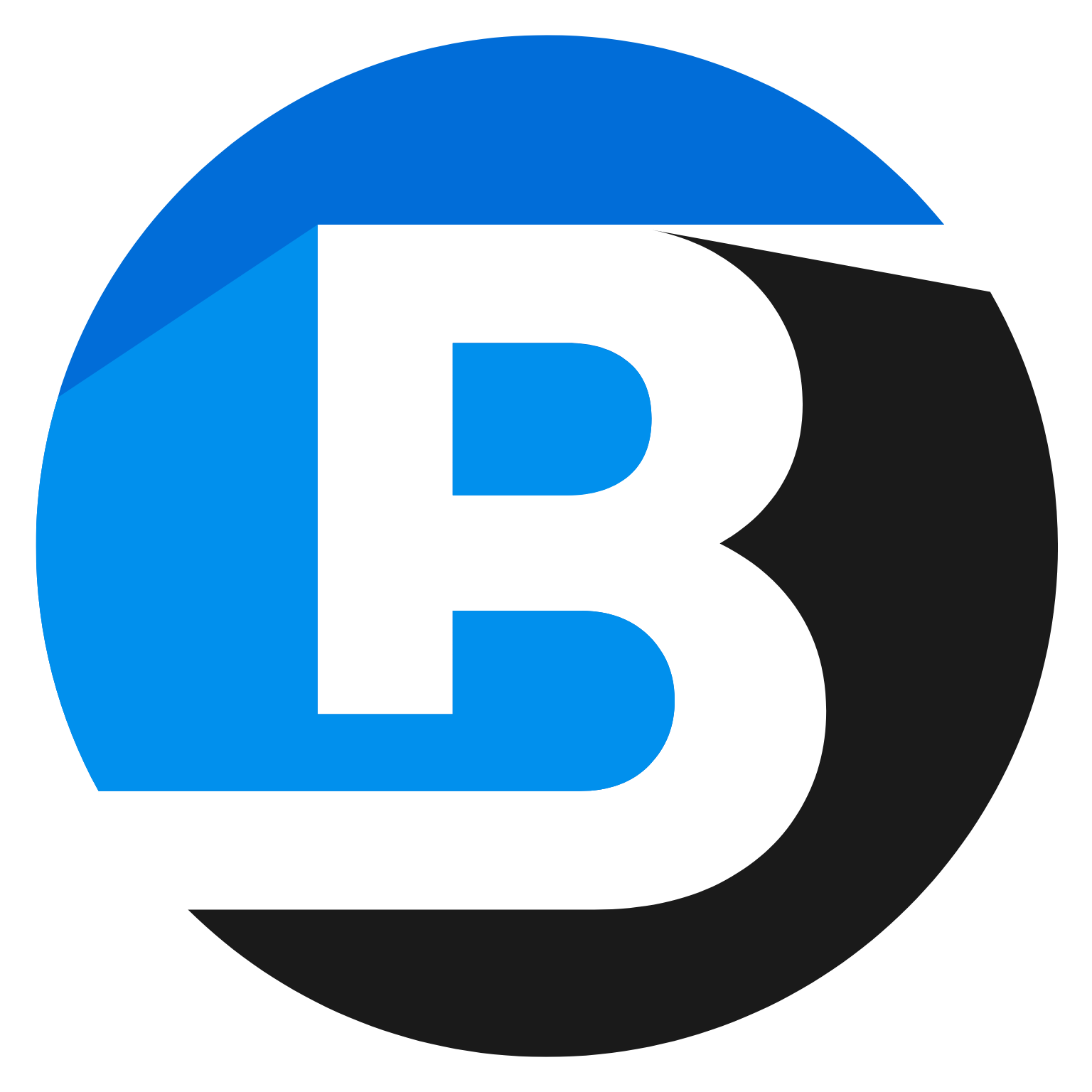 Blue and black logo with the letter "B" inside a circle.