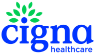 Cigna Healthcare logo with blue text and green leaf-like icon above the i