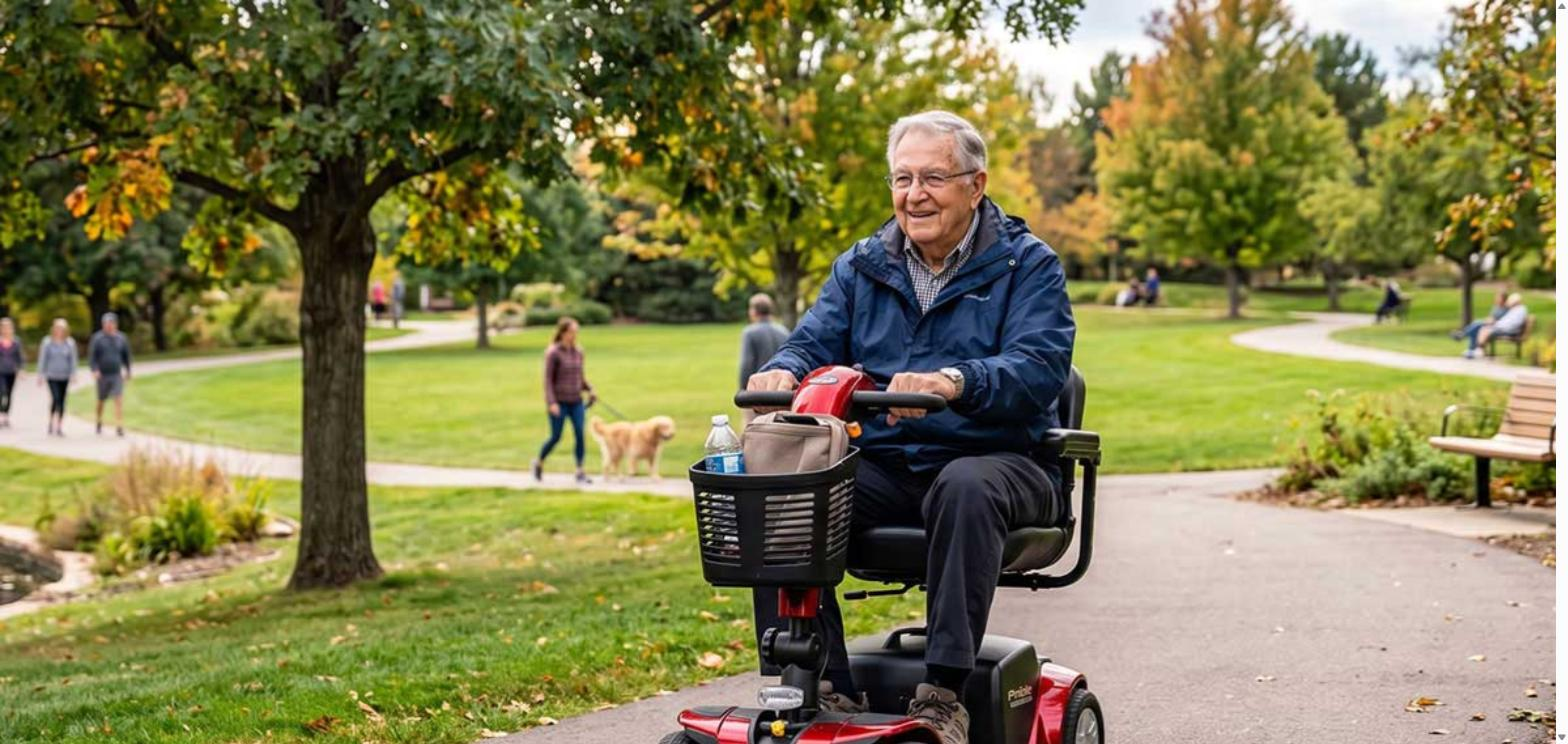 Smiling older man riding a red mobility scooter on a park path