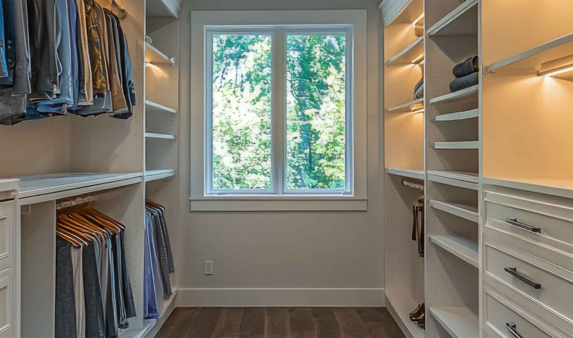 A walk in closet with lots of shelves and a window.