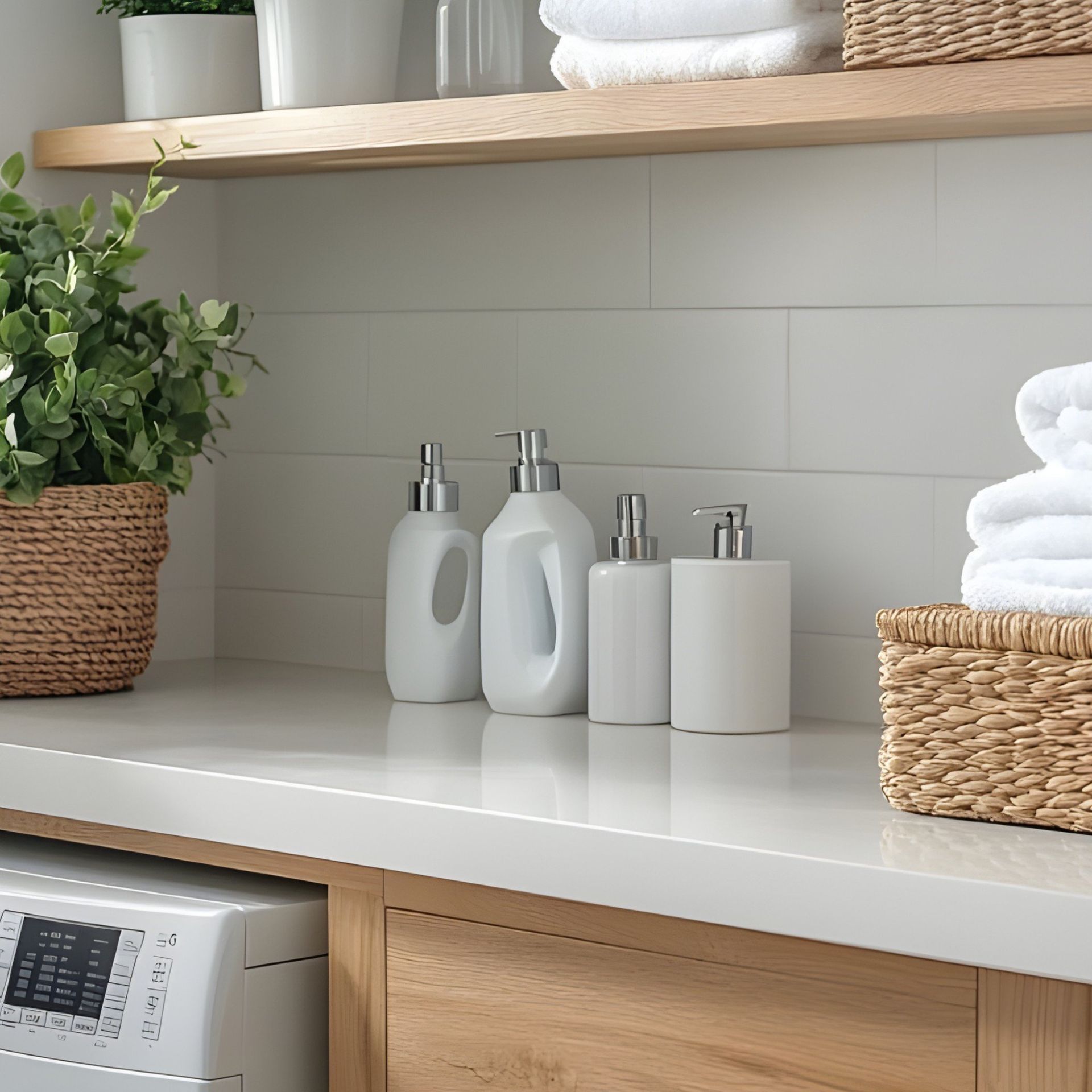A laundry room with a washing machine , baskets , and bottles on the counter.