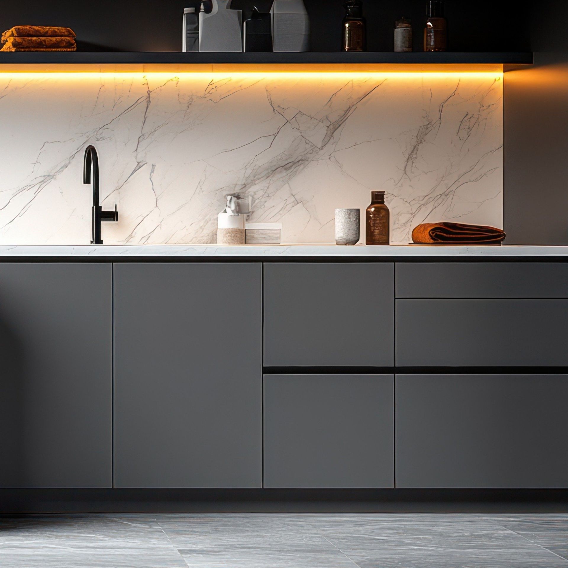 A kitchen with gray cabinets , a sink , and a marble counter top.