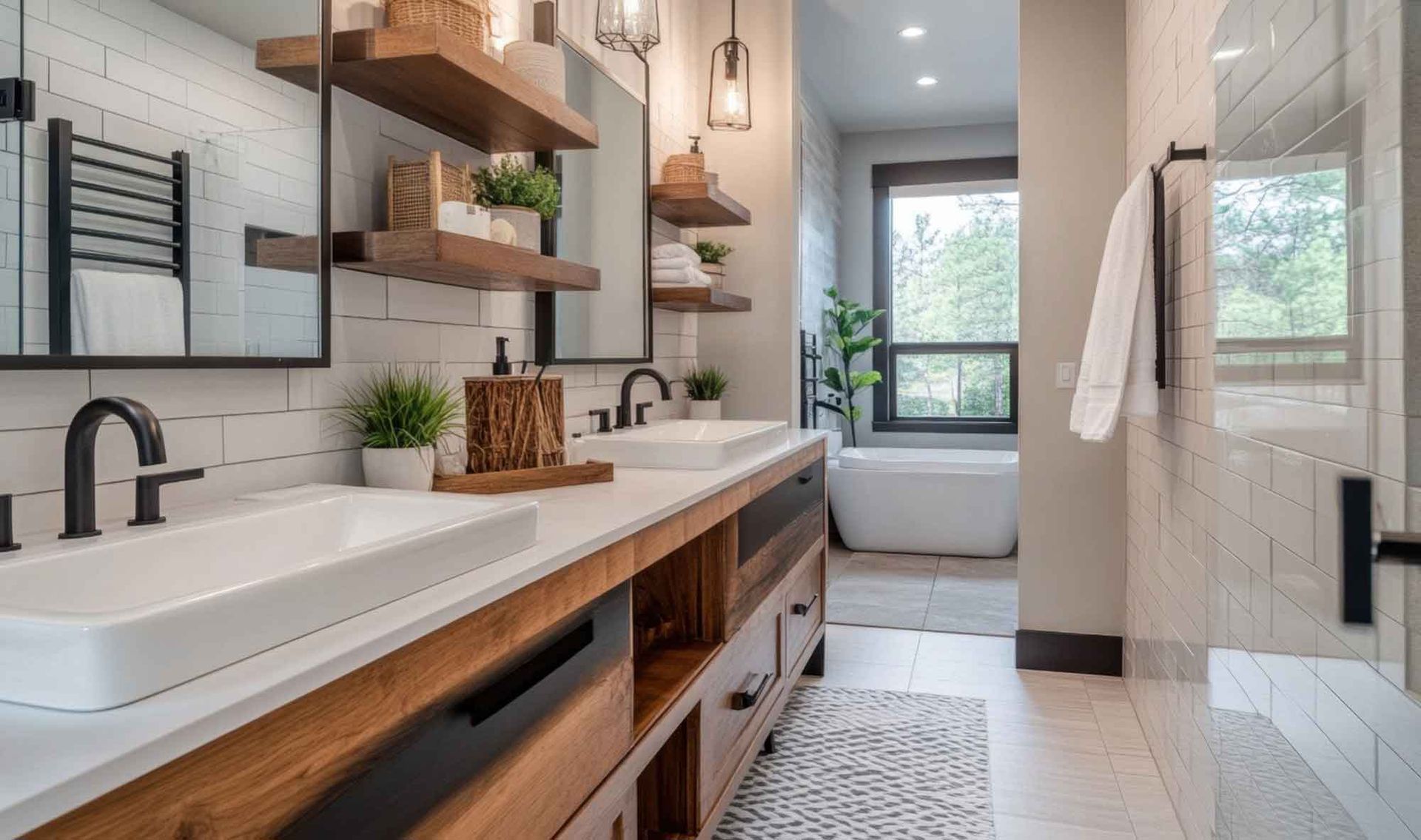 A bathroom with two sinks , two mirrors and a bathtub.